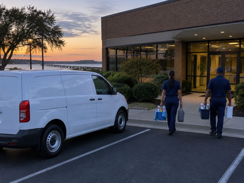 Commercial cleaning crew starting an evening shift in an office building