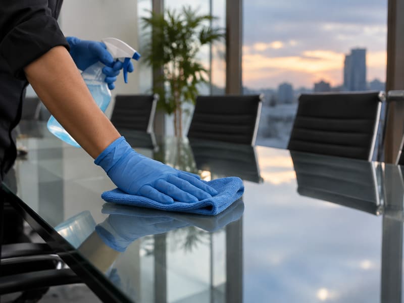Cleaning crew member wiping down a reception desk